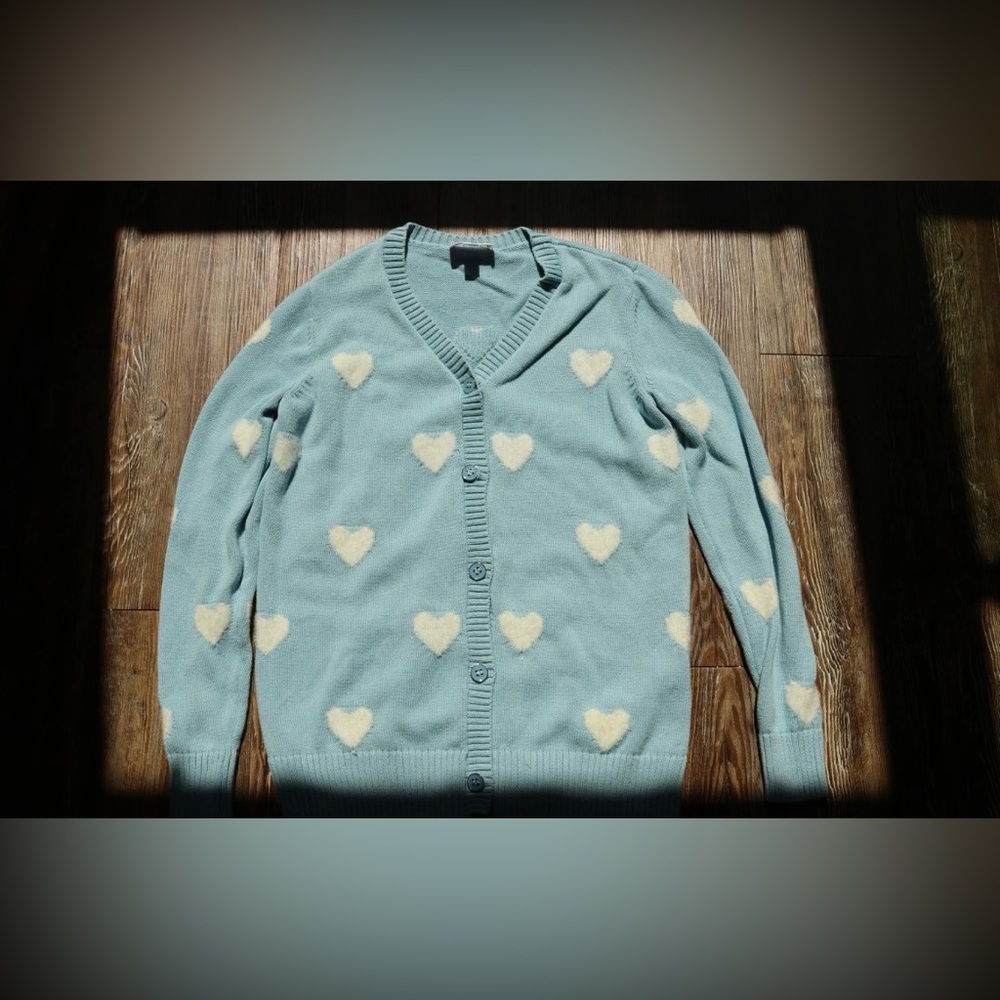 Belle by Kim Gravel Womens Sky Blue Fuzzy Heart Romantic Cardigan Sweater Top XS